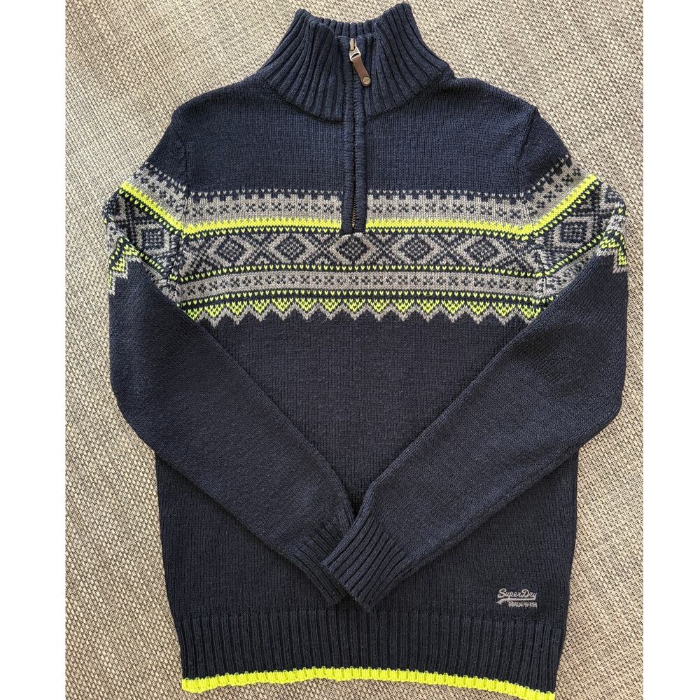 SUPERDRY Vintage Nordic Knit Wool 1/4 Zip Jumper Sweater L Navy/Green